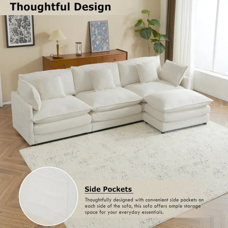 Canapé d'angle avec pouf amovible, en velours côtelé, en forme de L, à assise profonde, avec coussins lombaires et poches latérales.