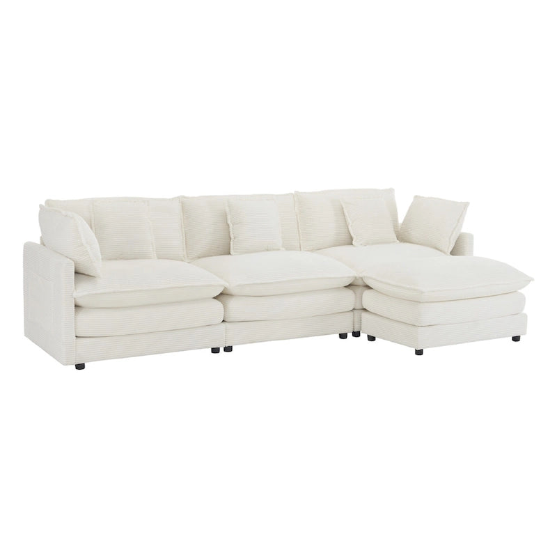 Canapé d'angle avec pouf amovible, en velours côtelé, en forme de L, à assise profonde, avec coussins lombaires et poches latérales.