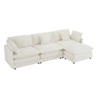 Canapé d'angle avec pouf amovible, en velours côtelé, en forme de L, à assise profonde, avec coussins lombaires et poches latérales.