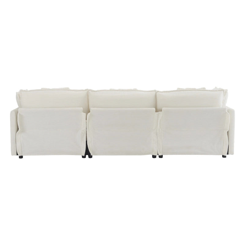 Canapé d'angle avec pouf amovible, en velours côtelé, en forme de L, à assise profonde, avec coussins lombaires et poches latérales.