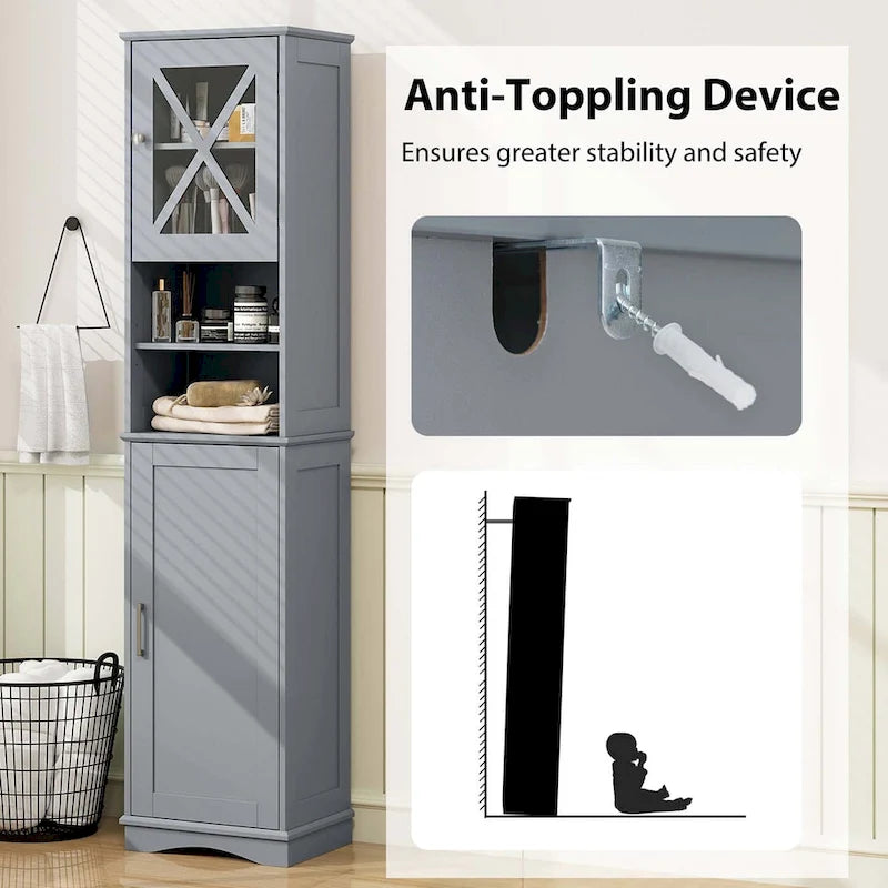 Armoire de salle de bain autoportante Costway 67 pouces (170 cm) avec rangement intégré et 5 compartiments - Voir les détails