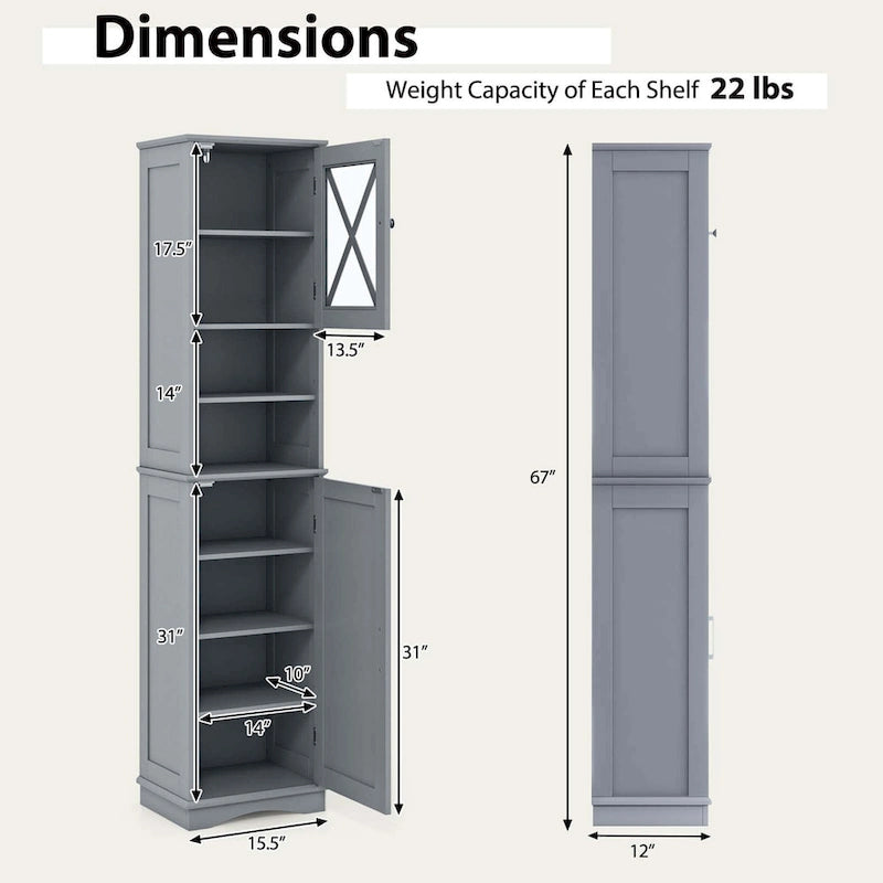 Armoire de salle de bain autoportante Costway 67 pouces (170 cm) avec rangement intégré et 5 compartiments - Voir les détails