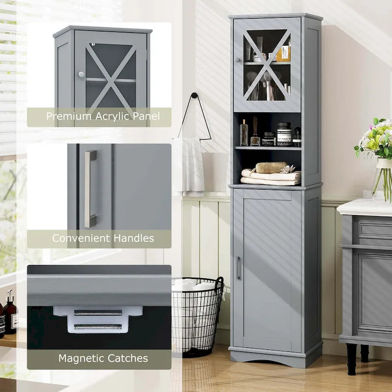 Armoire de salle de bain autoportante Costway 67 pouces (170 cm) avec rangement intégré et 5 compartiments - Voir les détails