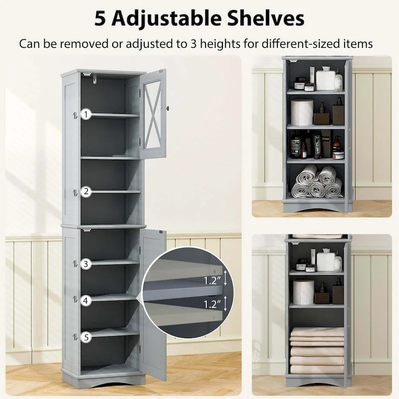 Armoire de salle de bain autoportante Costway 67 pouces (170 cm) avec rangement intégré et 5 compartiments - Voir les détails
