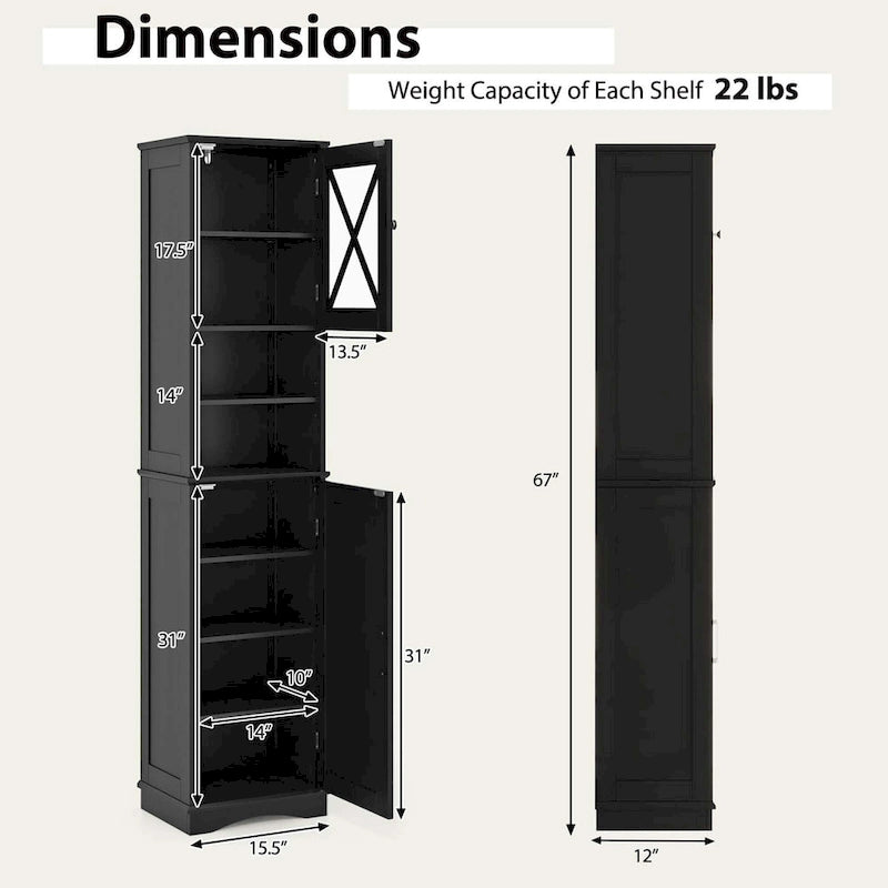 Armoire de salle de bain autoportante Costway 67 pouces (170 cm) avec rangement intégré et 5 compartiments - Voir les détails