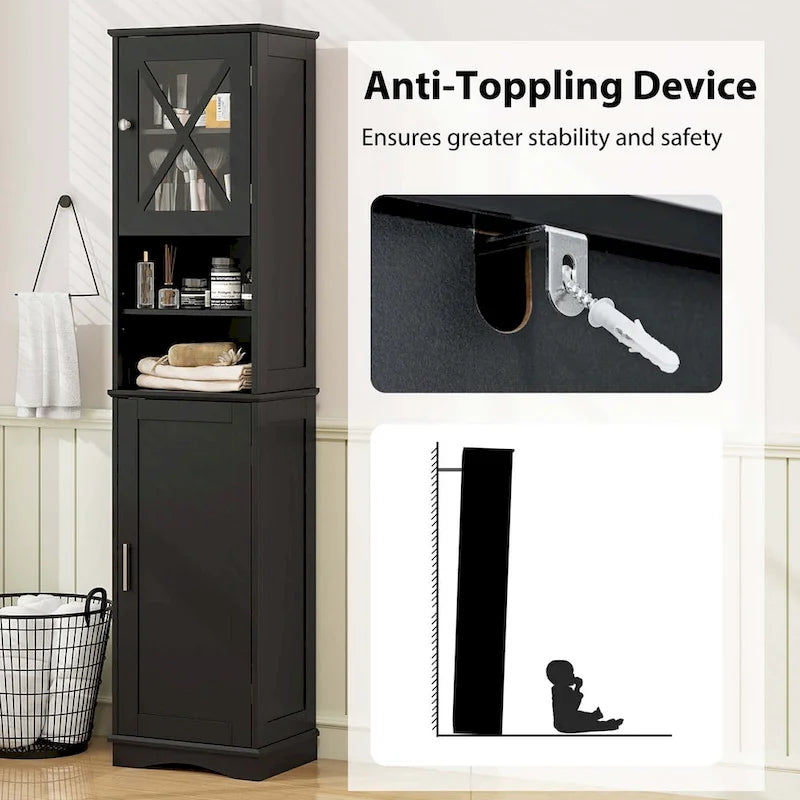 Armoire de salle de bain autoportante Costway 67 pouces (170 cm) avec rangement intégré et 5 compartiments - Voir les détails