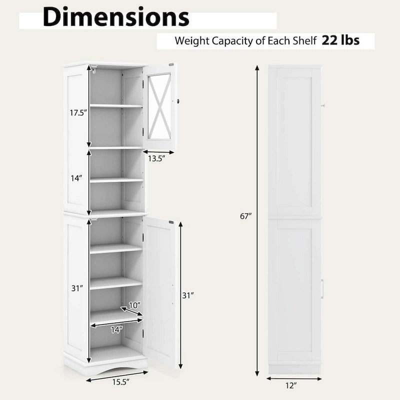Armoire de salle de bain autoportante Costway 67 pouces (170 cm) avec rangement intégré et 5 compartiments - Voir les détails