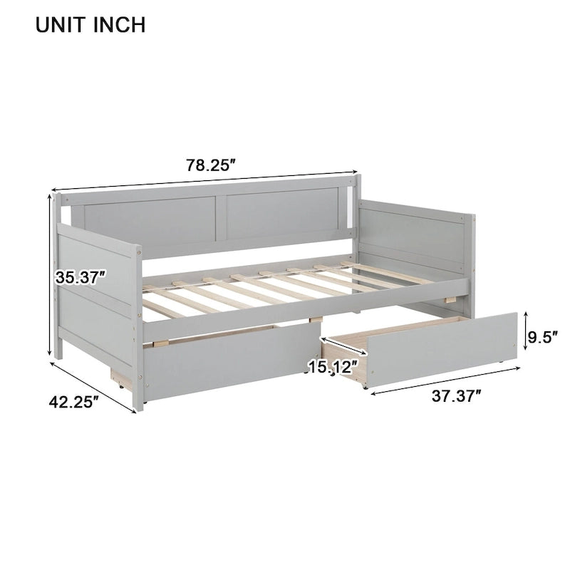 Lit de jour simple en pin avec cadre de canapé-lit et 2 tiroirs de rangement