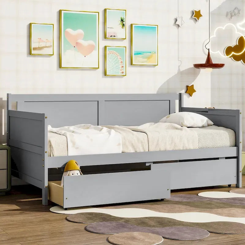 Lit de jour simple en pin avec cadre de canapé-lit et 2 tiroirs de rangement