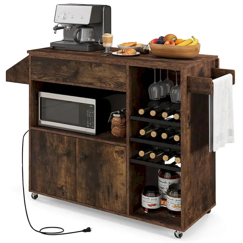 Chariot de cuisine Gymax avec abattant et étagère pour micro-ondes avec prise électrique