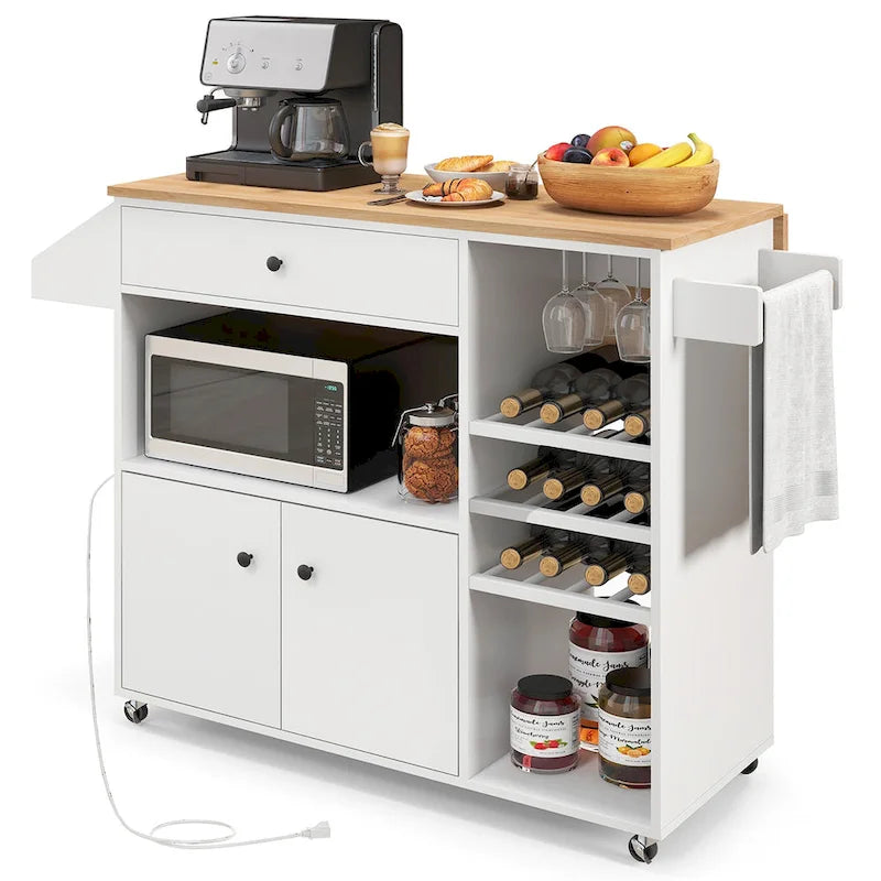 Chariot de cuisine Gymax avec abattant et étagère pour micro-ondes avec prise électrique