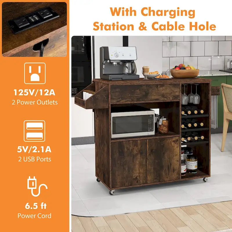 Chariot de cuisine Gymax avec abattant et étagère pour micro-ondes avec prise électrique
