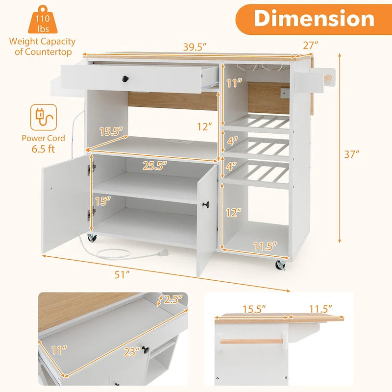 Chariot de cuisine Gymax avec abattant et étagère pour micro-ondes avec prise électrique