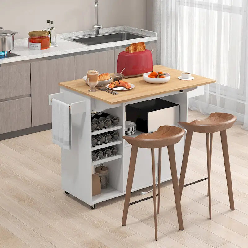 Chariot de cuisine Gymax avec abattant et étagère pour micro-ondes avec prise électrique