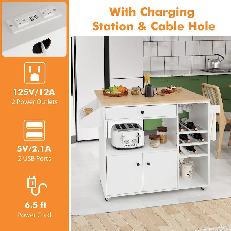 Chariot de cuisine Gymax avec abattant et étagère pour micro-ondes avec prise électrique