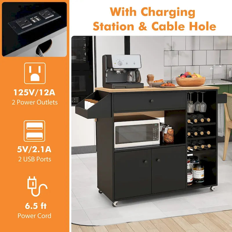 Chariot de cuisine Gymax avec abattant et étagère pour micro-ondes avec prise électrique