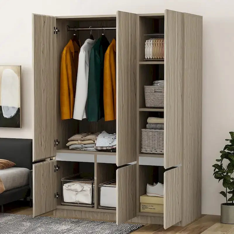 Armoire-penderie autoportante pour chambre à coucher avec tringle à vêtements, armoire en bois à 6 portes