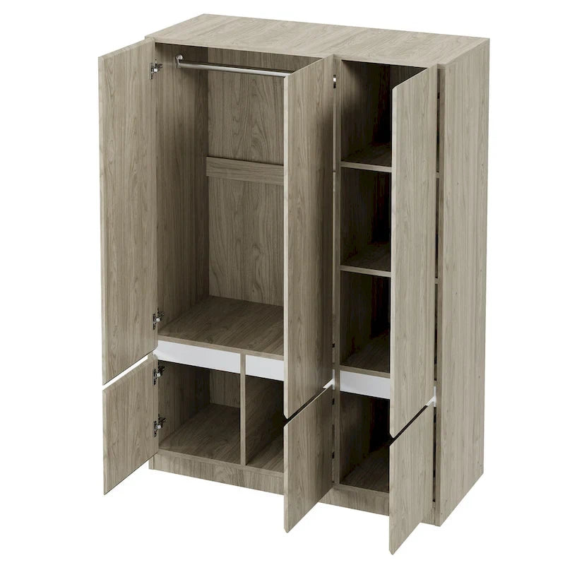 Armoire-penderie autoportante pour chambre à coucher avec tringle à vêtements, armoire en bois à 6 portes