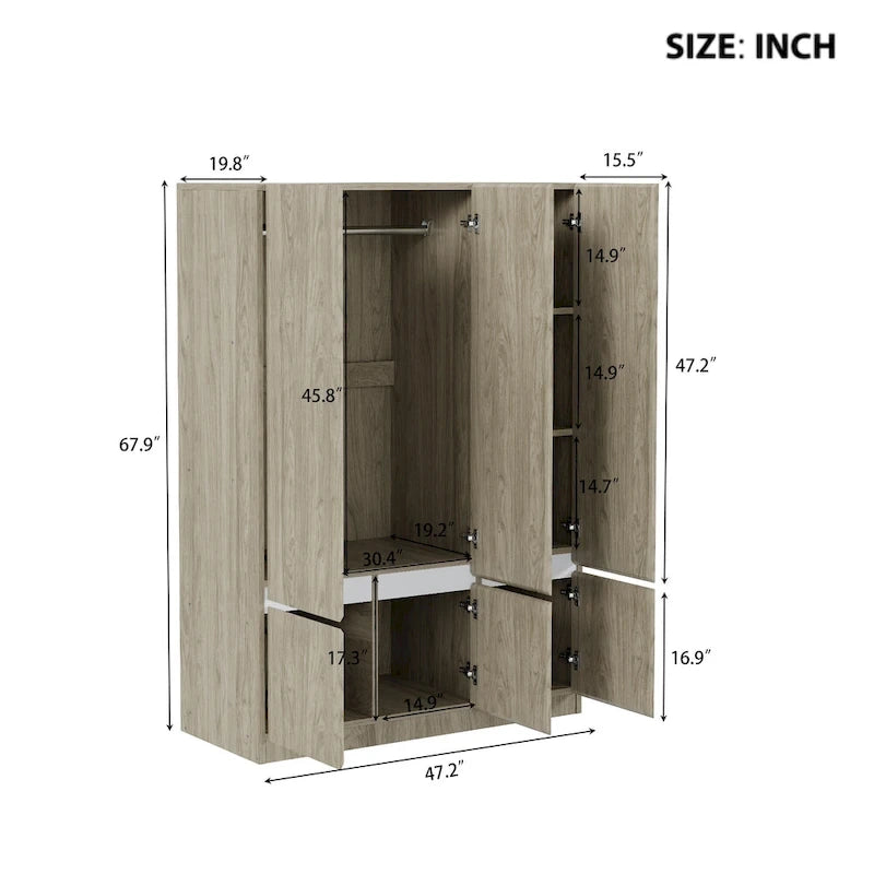 Armoire-penderie autoportante pour chambre à coucher avec tringle à vêtements, armoire en bois à 6 portes