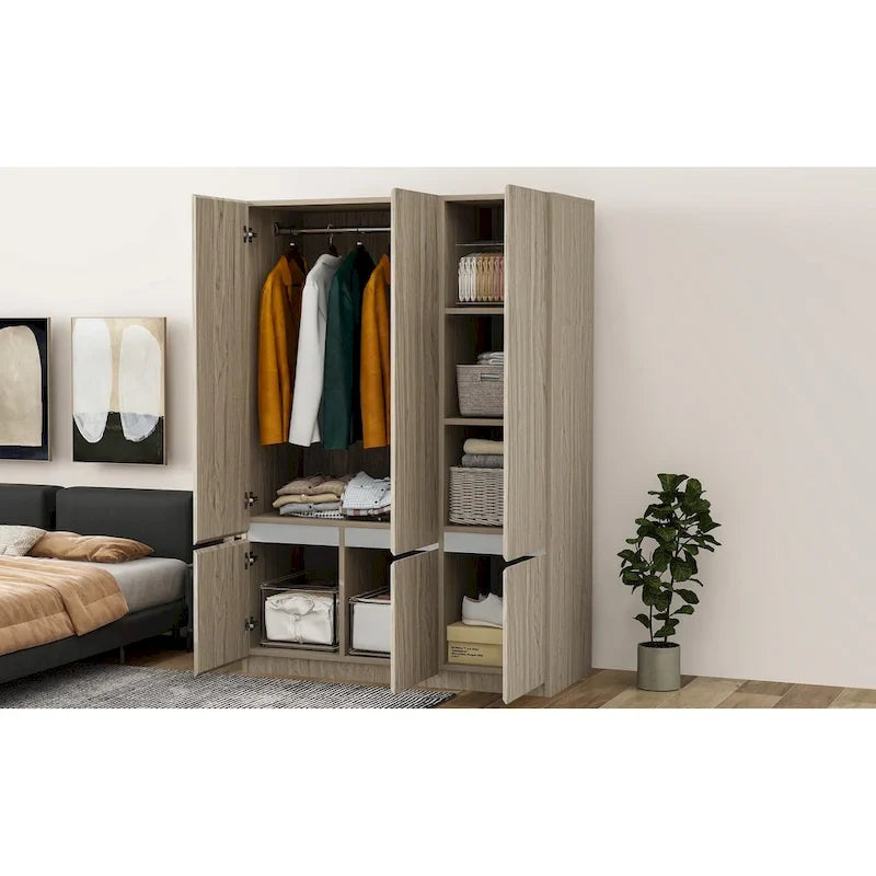 Armoire-penderie autoportante pour chambre à coucher avec tringle à vêtements, armoire en bois à 6 portes
