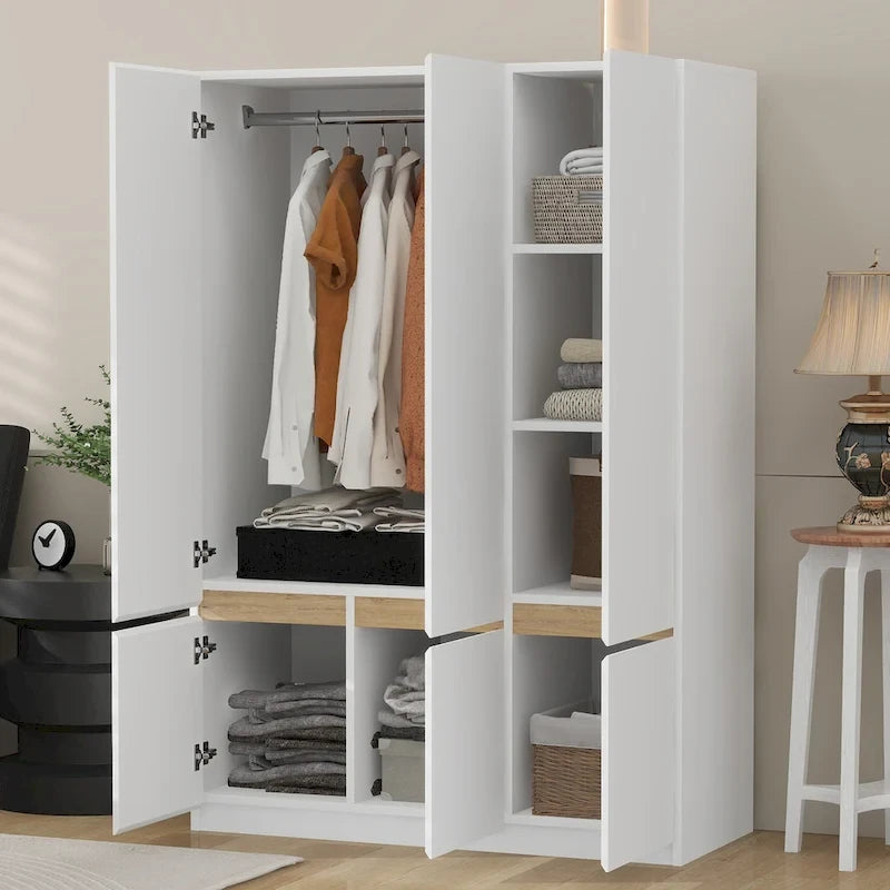 Armoire-penderie autoportante pour chambre à coucher avec tringle à vêtements, armoire en bois à 6 portes