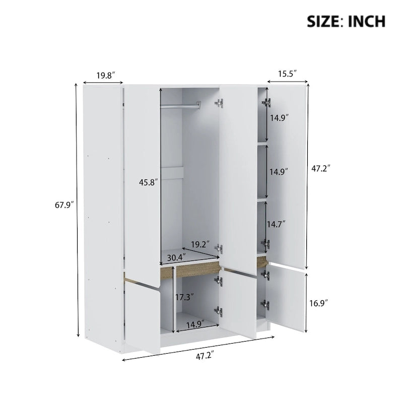 Armoire-penderie autoportante pour chambre à coucher avec tringle à vêtements, armoire en bois à 6 portes