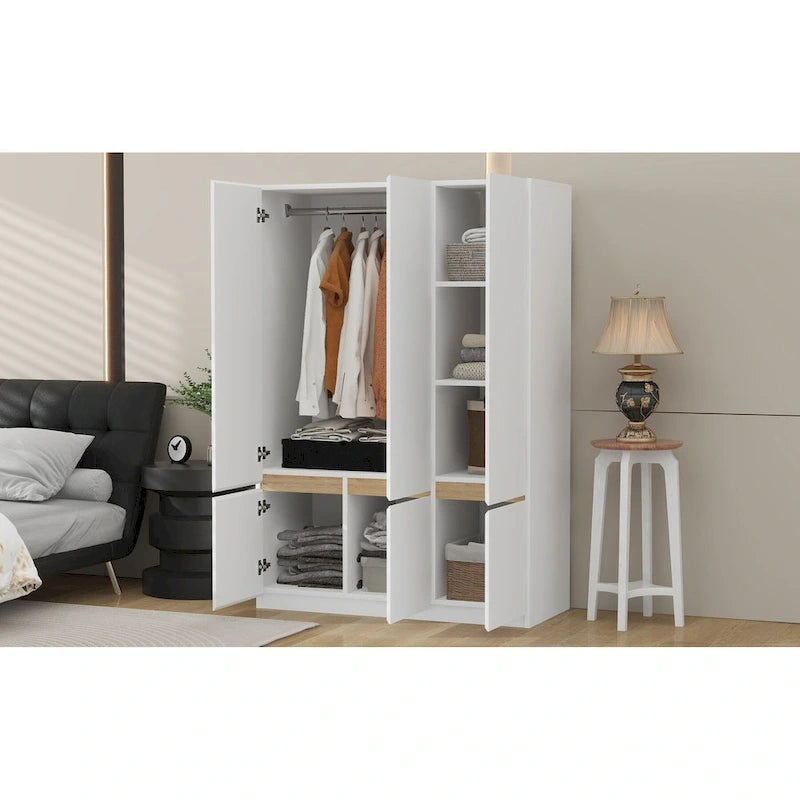 Armoire-penderie autoportante pour chambre à coucher avec tringle à vêtements, armoire en bois à 6 portes