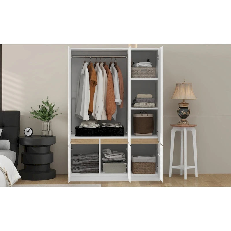 Armoire-penderie autoportante pour chambre à coucher avec tringle à vêtements, armoire en bois à 6 portes
