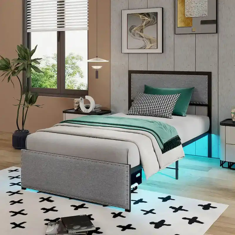 Cadre de lit Gymax pour lit simple avec tiroir de rangement, lit plateforme en métal avec éclairage LED