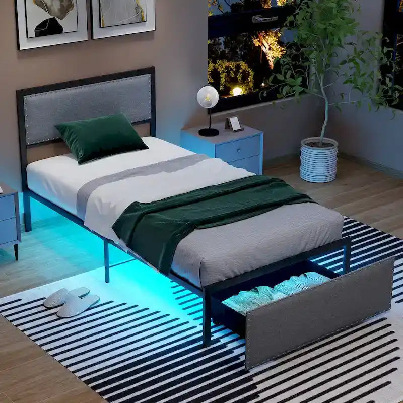 Cadre de lit Gymax pour lit simple avec tiroir de rangement, lit plateforme en métal avec éclairage LED