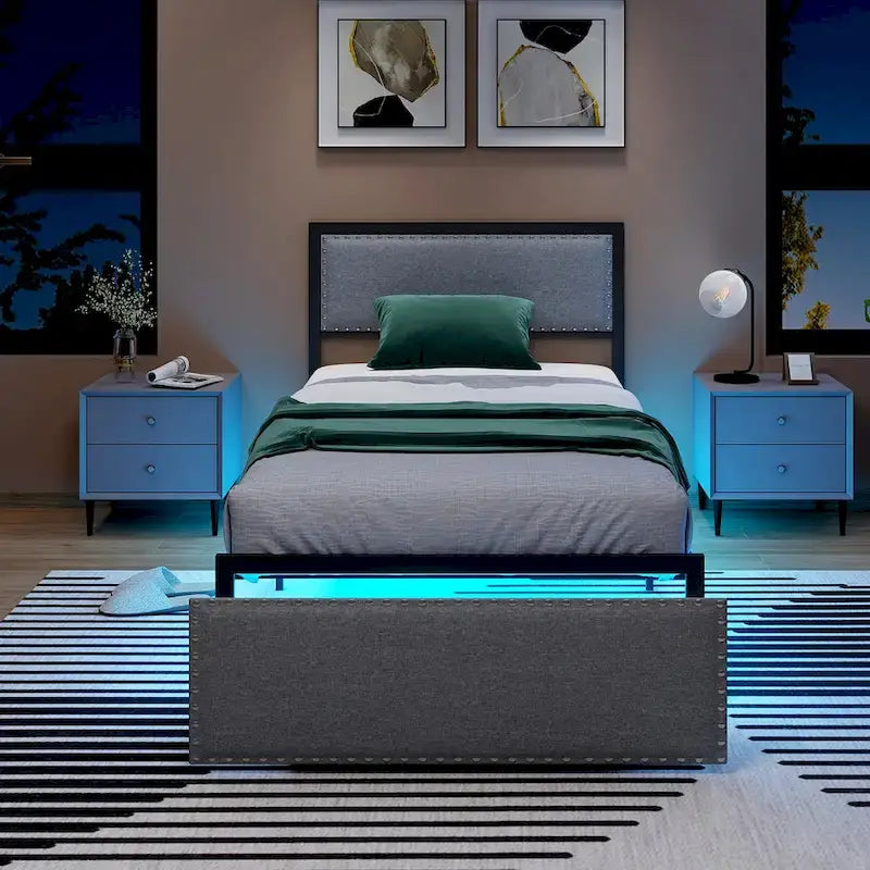Cadre de lit Gymax pour lit simple avec tiroir de rangement, lit plateforme en métal avec éclairage LED