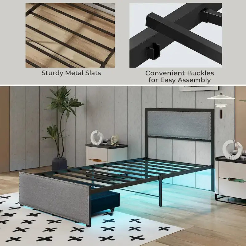 Cadre de lit Gymax pour lit simple avec tiroir de rangement, lit plateforme en métal avec éclairage LED
