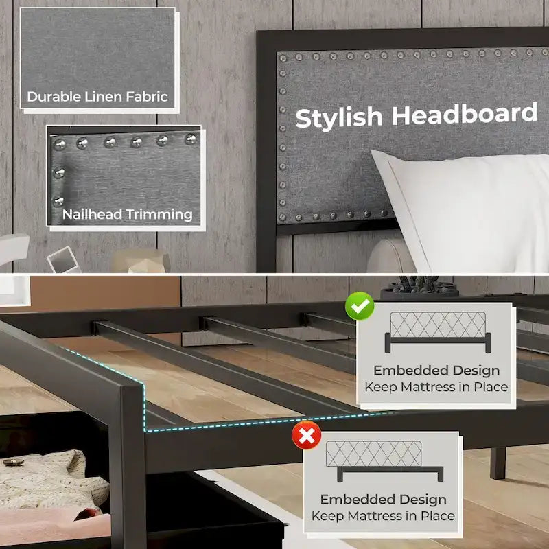 Cadre de lit Gymax pour lit simple avec tiroir de rangement, lit plateforme en métal avec éclairage LED