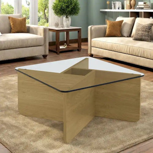 Table basse moderne en MDF de 31,5 pouces - Plateau en verre trempé et base en MDF pour une utilisation intérieure/extérieure