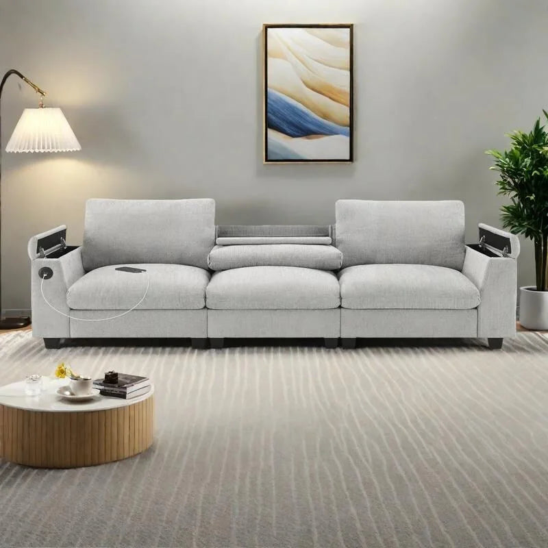 Canapé d'angle intelligent Chenille 96 avec haut-parleur Bluetooth, tablette rabattable et chargeur USB et canapé 3 places Cloud