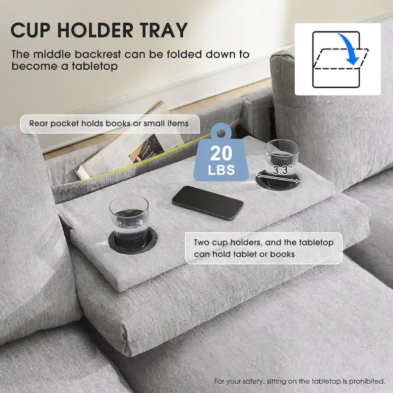 Canapé d'angle intelligent Chenille 96 avec haut-parleur Bluetooth, tablette rabattable et chargeur USB et canapé 3 places Cloud
