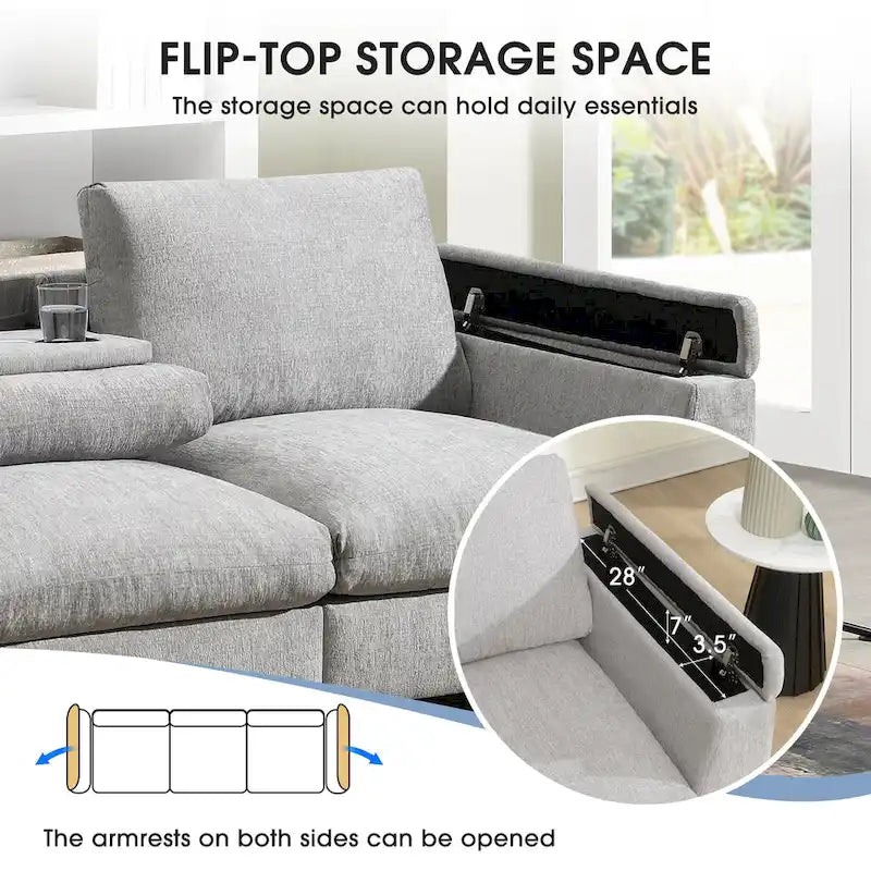 Canapé d'angle intelligent Chenille 96 avec haut-parleur Bluetooth, tablette rabattable et chargeur USB et canapé 3 places Cloud