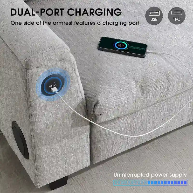 Canapé d'angle intelligent Chenille 96 avec haut-parleur Bluetooth, tablette rabattable et chargeur USB et canapé 3 places Cloud