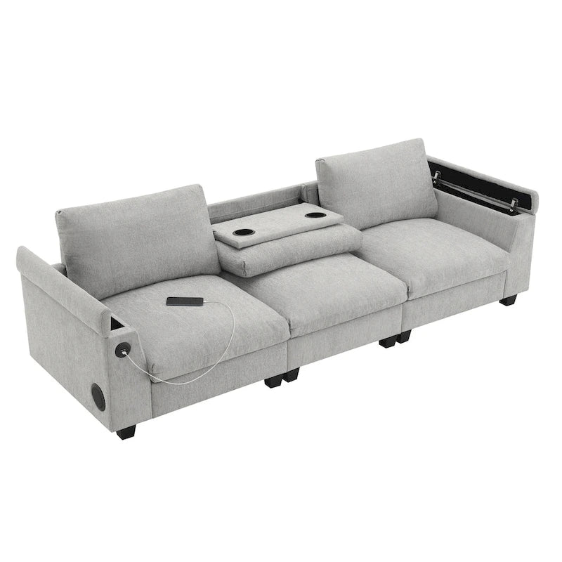 Canapé d'angle intelligent Chenille 96 avec haut-parleur Bluetooth, tablette rabattable et chargeur USB et canapé 3 places Cloud