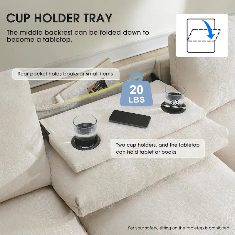 Canapé d'angle intelligent Chenille 96 avec haut-parleur Bluetooth, tablette rabattable et chargeur USB et canapé 3 places Cloud
