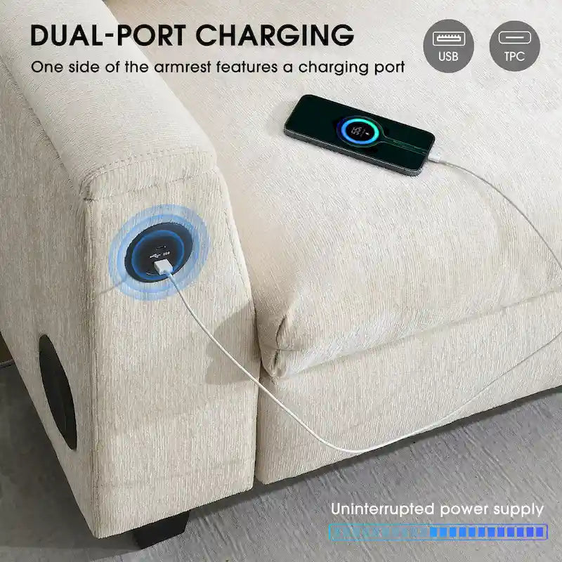 Canapé d'angle intelligent Chenille 96 avec haut-parleur Bluetooth, tablette rabattable et chargeur USB et canapé 3 places Cloud