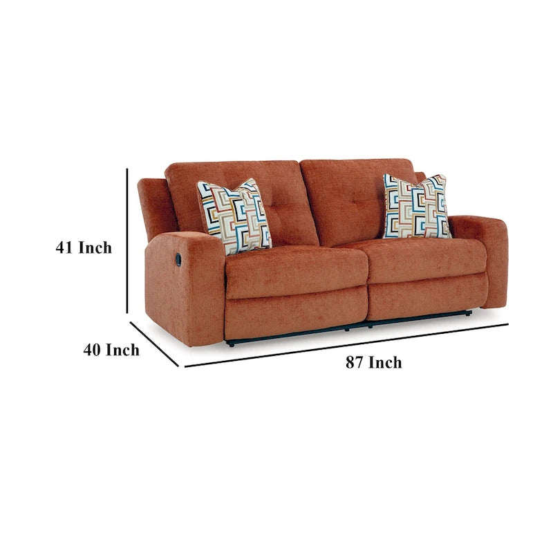 Canapé inclinable manuel Genna, polyester orange épicé, 2 coussins, 221 cm (87 pouces)