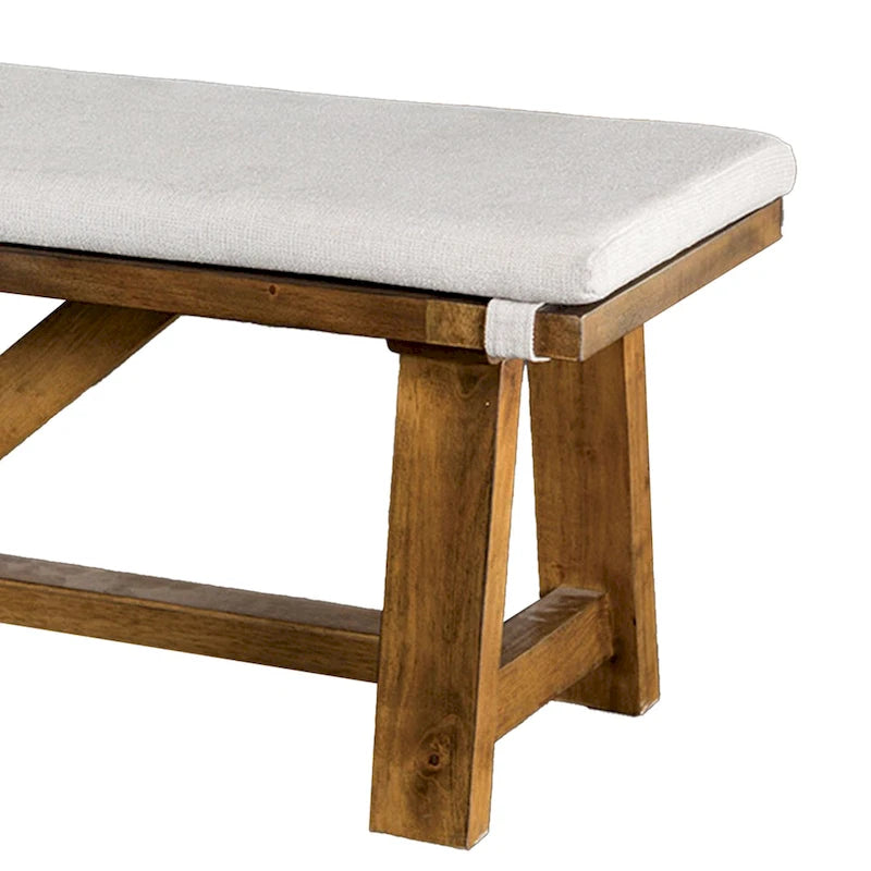Banc de salle à manger Jule, piètement à tréteaux, 175 cm, bois brun avec assise blanc cassé