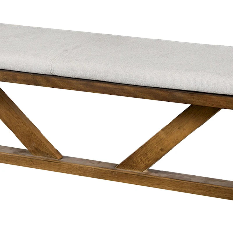 Banc de salle à manger Jule, piètement à tréteaux, 175 cm, bois brun avec assise blanc cassé