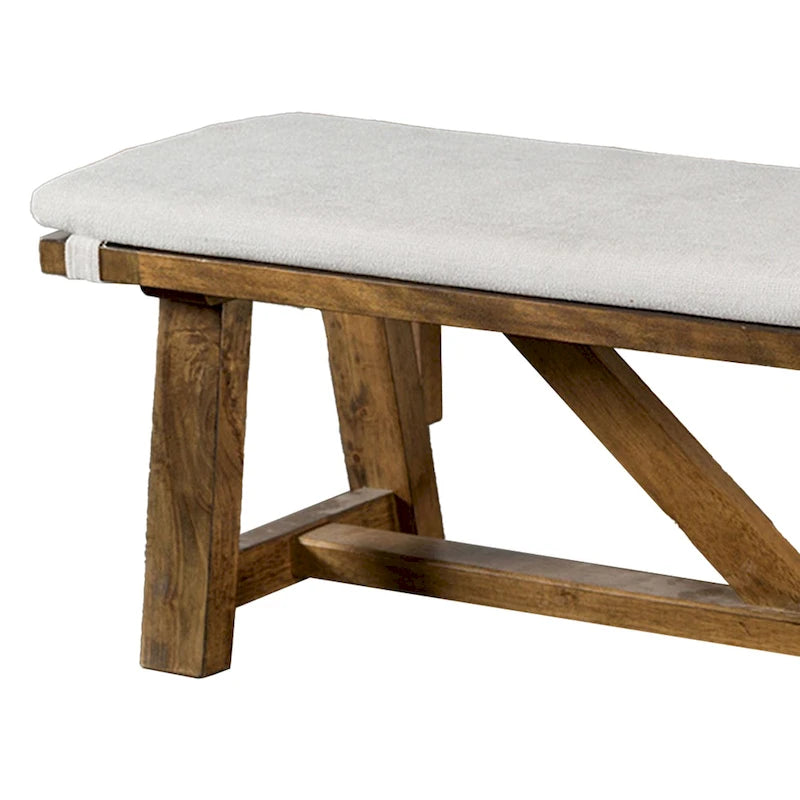 Banc de salle à manger Jule, piètement à tréteaux, 175 cm, bois brun avec assise blanc cassé