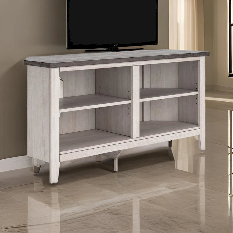 Meuble TV d'angle Elia, 4 étagères, gris, blanc rustique, 122 cm (48 pouces)