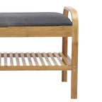 Banc de rangement à chaussures Mindy, assise en polyester gris, bambou brun noyer, 91 cm