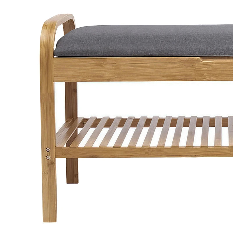 Banc de rangement à chaussures Mindy, assise en polyester gris, bambou brun noyer, 91 cm