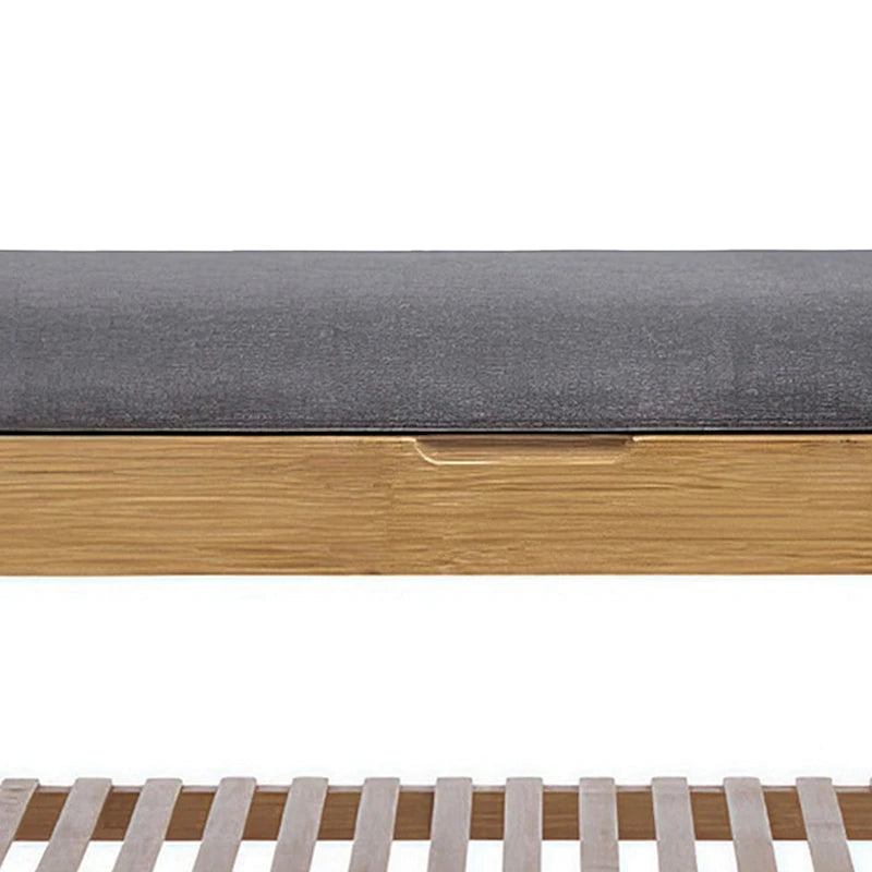 Banc de rangement à chaussures Mindy, assise en polyester gris, bambou brun noyer, 91 cm