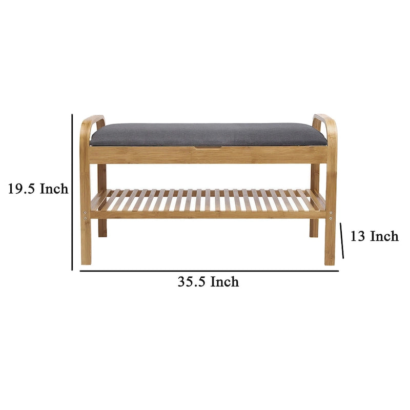 Banc de rangement à chaussures Mindy, assise en polyester gris, bambou brun noyer, 91 cm